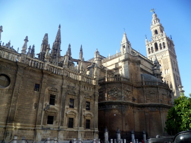 De kathedraal met er naast de Giralda toren. De toren hebben we beklommen via 34 hellingen. Veel minder lastig dan trappen. 